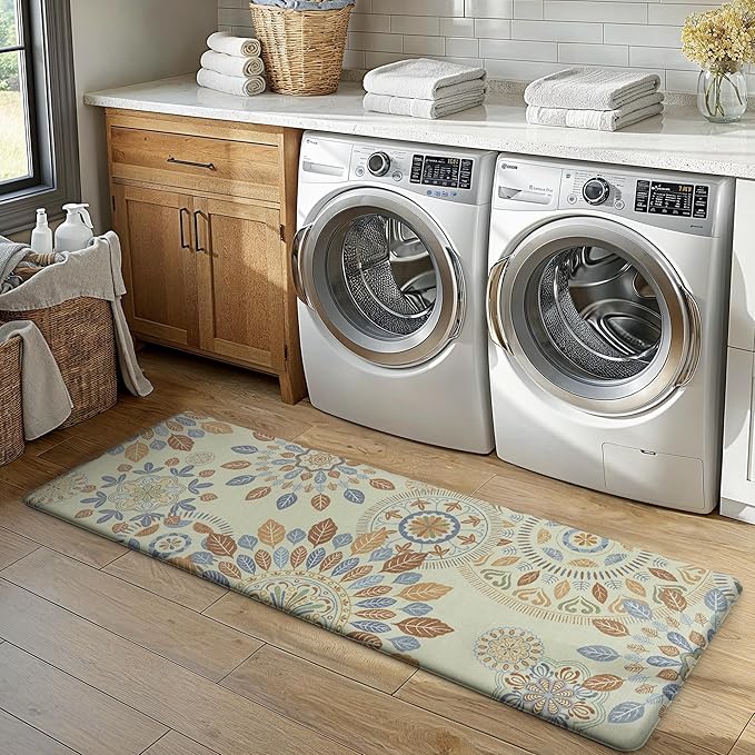 GENIMO Kitchen Mats for Floor 2PCS, Washable Cushioned Kitchen Rugs Non Slip, Farmhouse Anti Fatigue Mat Waterproof, Comfort Standing Mat Rug for Home, Laundry, Office, 17.3"x47"+17.3"x30", Beige&Blue