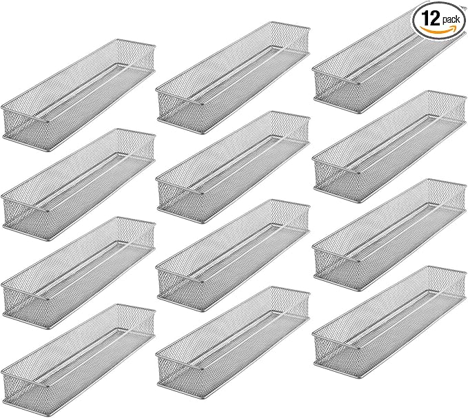 YBM HOME Silver Mesh Drawer Cabinet and or Shelf Organizer Bins, School Supply Holder Office Desktop Organizer Basket (12, 3x15x2 Inch)
