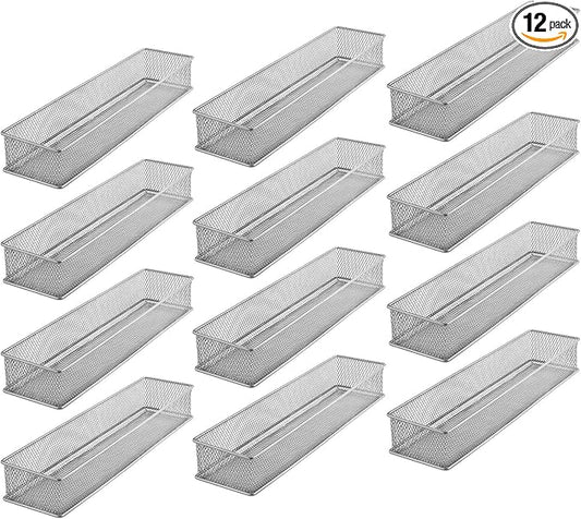 YBM HOME Silver Mesh Drawer Cabinet and or Shelf Organizer Bins, School Supply Holder Office Desktop Organizer Basket (12, 3x15x2 Inch)