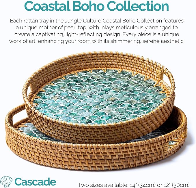 JUNGLE CULTURE Rattan Serving Tray 12" with Mother of Pearl Inlay • Coastal Boho Collection • Handcrafted Woven with Handles for Home • Round Dining Table Tray • Wicker Serving Basket – Cascade