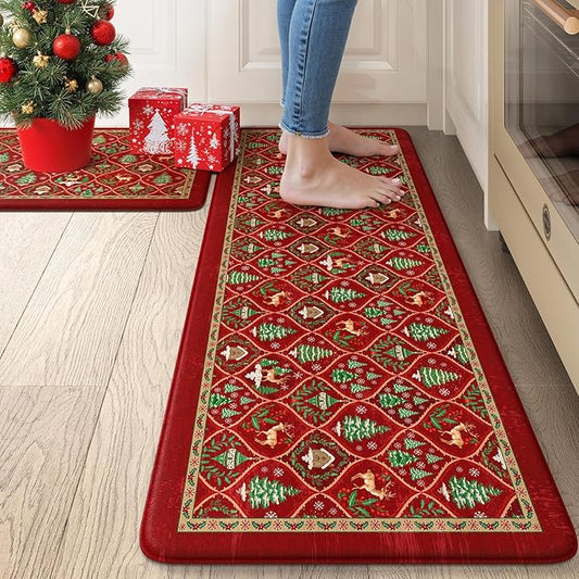 Collive Christmas Tree Kitchen Floor Mats, Cushioned Anti Fatigue Kitchen Rugs 2 Piece Morocco Xmas Elk Sink Mat Waterproof, Non Slip Comfort Standing Rug for Home Decorations 17"x30"+17"x47"