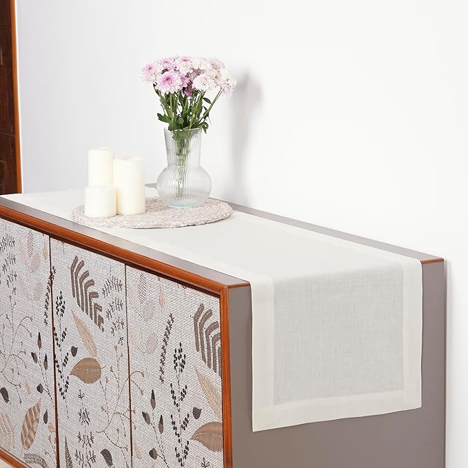 D'Moksha Homes Linen Ivory Table Runner 48 Inches - 100% Pure Linen Small Table Runner 14 x 48 Inch for Coffee Tables, Dresser, Fall, Autumn and Halloween - Machine Washable