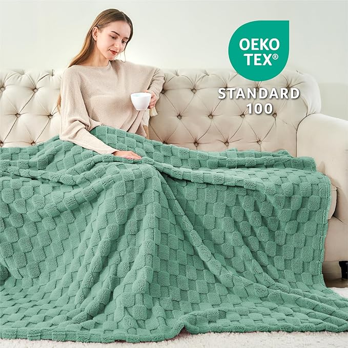BEDELITE Super Soft Throw Blanket for Couch and Bed, Lightweight Cozy Fluffy Decorative 3D Checkered Blanket, Warm and Fuzzy Fleece Blanket for Camping, Travel(Sage Green, 60"x80")