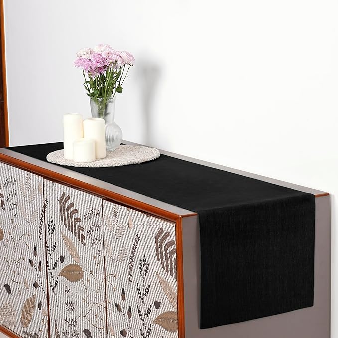 D'Moksha Homes Linen Black Table Runner 120 Inches Long - 100% Pure Linen Dining Table Runner 14 x 120 Inch for Fall, Autumn and Halloween - Machine Washable