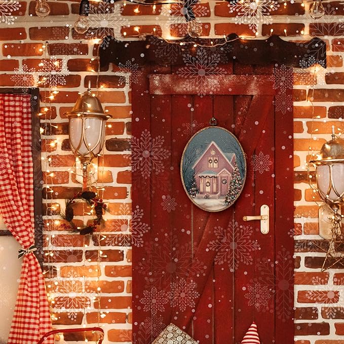 Hxlac Pink Christmas Cottage Oval Wall Art Framed, Christmas Snowy Winter Oval Wall Decor, Cozy Winter Holiday Hanging Canvas Prints Wall Sculptures for Farmhouse Home Bedroom Decor, 8.5x11.5 Inch