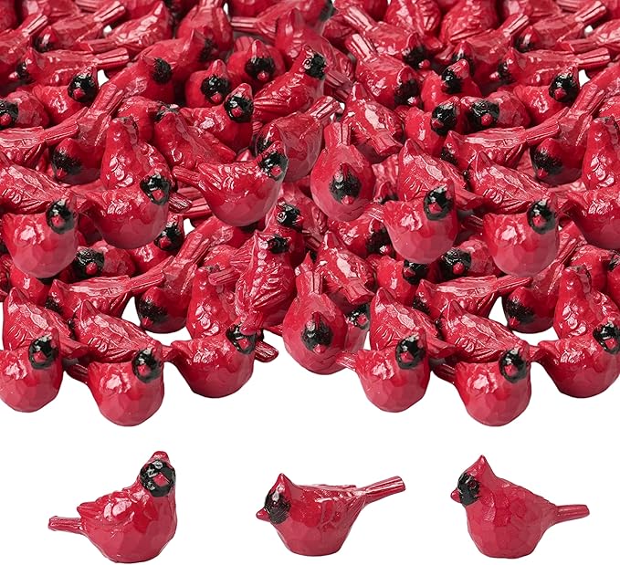 50PCS Small Cardinal Figurines for Christmas, Mini Cardinals, Resin Red Birds Miniatures, Festive Decor for Tree, Wreaths, Village Displays, Trays, Holiday Crafts
