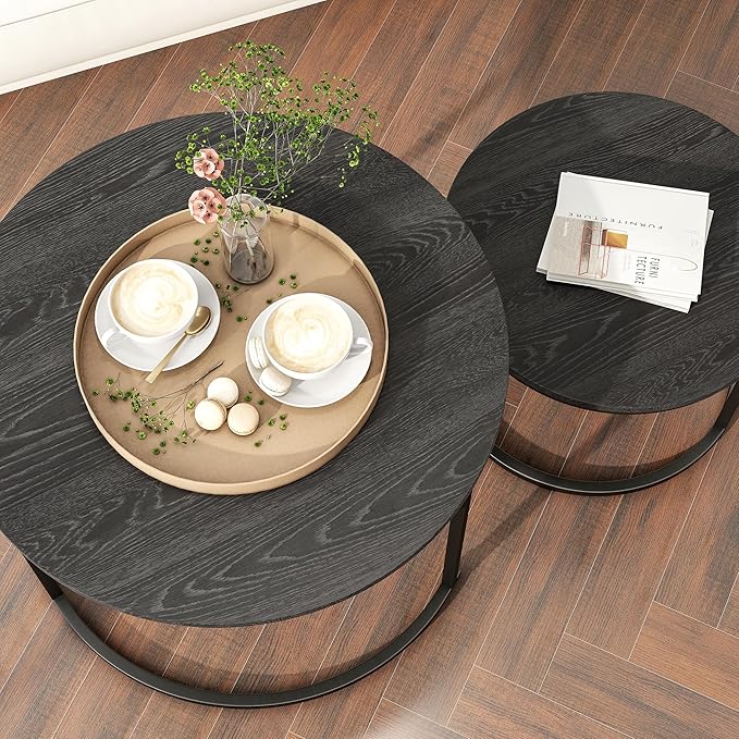 HOJINLINERO Round Coffee Table Set of 2 End Tables for Living Room,Black Coffee Table Nesting Tables,Living Room Table Wooden Accent Furniture Metal Frame,Sturdy Stacking Side Tables,Easy Assembly