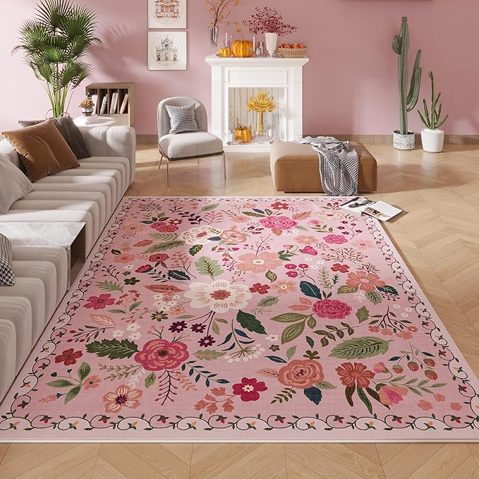 Rugcomf Living Room Rug 6x9 Machine Washable Boho Area Rug Non Slip Floral Vintage Low Pile Large Carpet for Bedroom, Farmhouse, Dining Room, Kids Playroom(Pink)