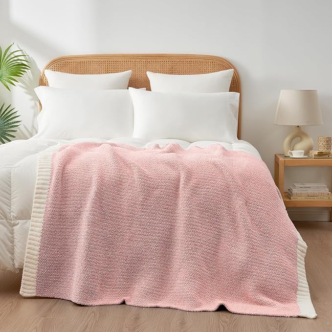 Snuggle Sac Buttery Pink Throw Blanket for Couch, Reversible Super Soft Knitted Blankets, Warm Cozy Knit Fuzzy Plush Lightweight Throws Dupes for Sofa, Bed, Picnic, Pink, 50 x 70 inches