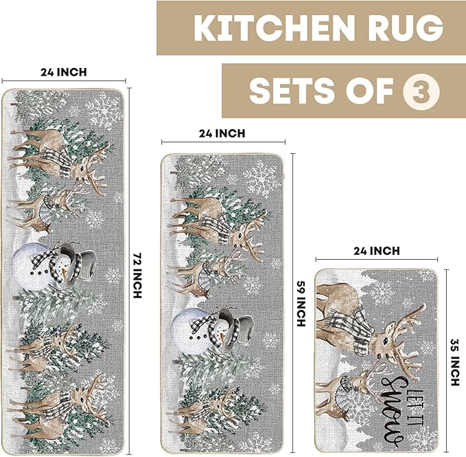 Artoid Mode Deer Tree Let It Sonw Snowflakes Christmas Kitchen Mats Set of 2, Winter Decor Low-Profile Kitchen Rugs for Floor - 24"x36"+24"x59"+24"x72"