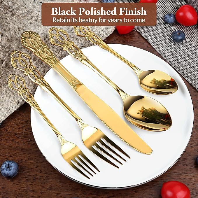 Silverware Set, 30 Pieces Retro Royal Silverware Set for 6, Anti-rust Stainless Steel Flatware Set Including Fork Spoon and Knife, Dishwasher Safe, Gold