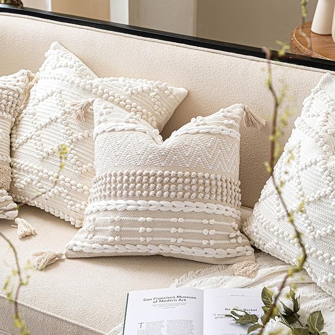 BlissBlush Boho Throw Pillow Cover 20X20, Decorative Accent Pillow for Couch, Square Woven Textured Pillowcase, Modern Boho Pillow for Bed, Bohemian Pillow Cover, Cream White Neutral (Pack of 1)