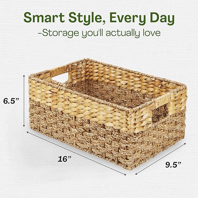 Medium Wicker Basket for Storage, Natural, Seagrass and Hyacinth Woven Baskets for Décor with Built-In Handles, Rectangular, Shelf Organizing for Bedroom, Pantry - Medium Size - 15.5x9.5x6.5 in