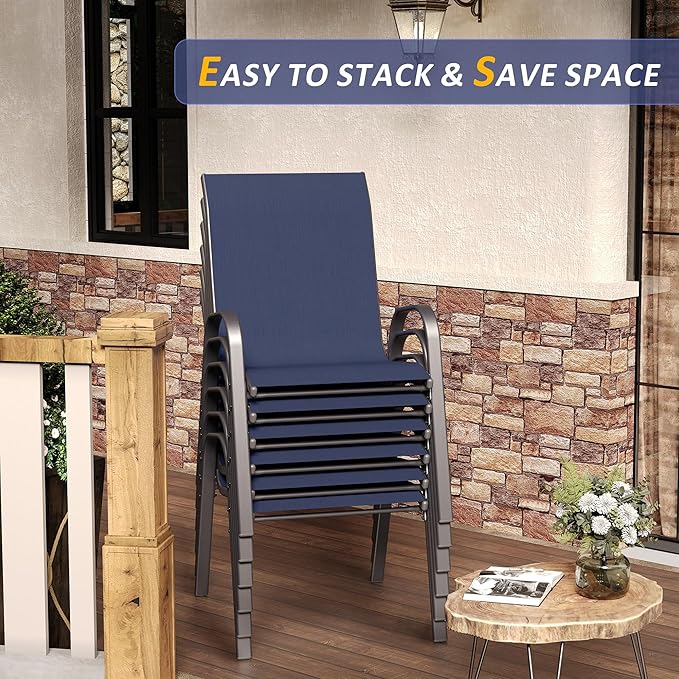 Amopatio 7 Pieces Patio Dining Set, Outdoor Table and Chairs, Square Metal Table with Umbrella Hole, 6 Stackable Chairs, Patio Furniture Sets for Deck, Backyard, Garden and Poolside, Navy Blue