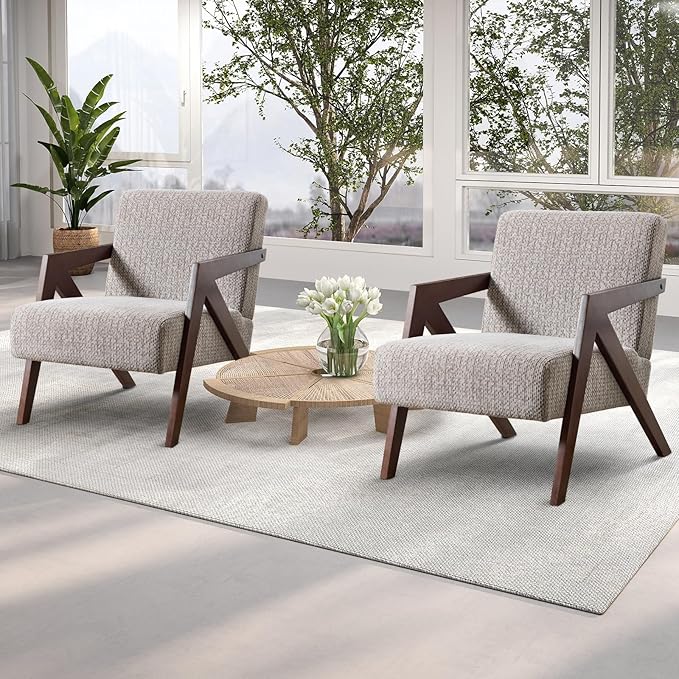 INZOY Mid Century Modern Accent Chair with Wood Frame, Upholstered Reading Armchair with Soft Linen Fabric, Accent Chair for Living Room Bedroom Apartment, Easy Assembly, Grey