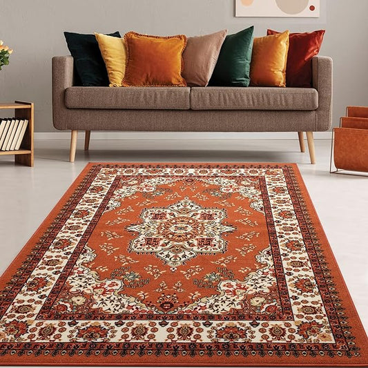 Antep Rugs Alfombras Oriental Traditional 5x7 Non-Skid (Non-Slip) Low Profile Pile Rubber Backing Indoor Area Rugs (Rust Brown, 5' x 7')