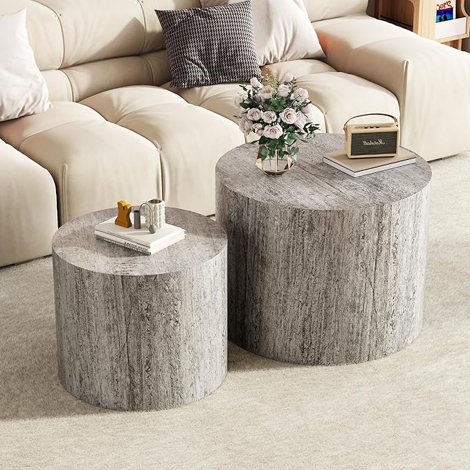 Nesting Coffee Table Set of 2, Round Dark Gray Nesting Table Modern Circle Coffee Tables Side End Tables for Small Spaces Living Room, Bedroom, Balcony, Office