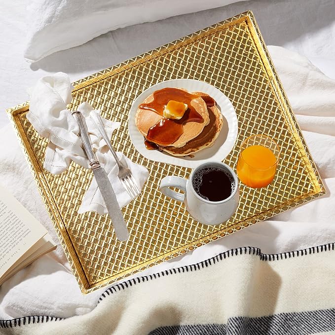 HofferRuffer Rectangle Serving Tray with Hole Handles for Coffee Table, Breakfast, Tea, Food, Butler - Countertop, Kitchen, Vanity Serve Tray, 16.2 x 12.2 x 2 inches, Faux Leather (Gold)