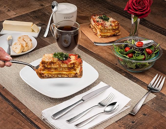 Hudson Essentials 68-Piece Hammered 18/10 Stainless Steel Silverware Cutlery Set with Serving Set, Flatware Service for 12 (68-Piece Set)