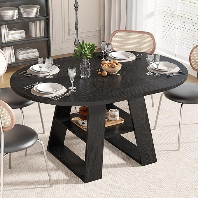 43.3in-59in Extendable Round Dining Table for 2-8,Modern Kitchen Oval Dining Table with Removable Leaves Space Saving,Wood Base with Storage Shelf for Kitchen Living Room (Black Style 2)