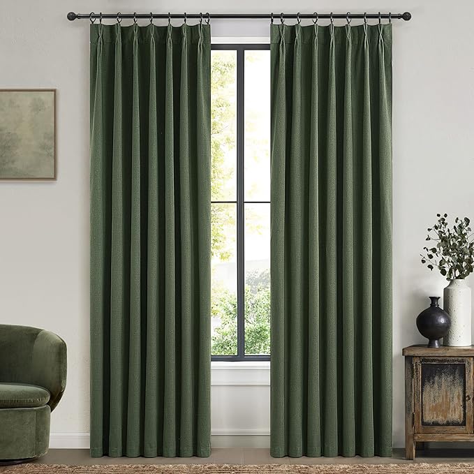 2 Panels Thermal Curtains for Summer Heat, Pinch Pleated Linen Sound Absorbing Total Blackout Curtain 105 Inches Long for 104&106 Inch Windows Drapes for Living Room W40 xL105 Olive Green
