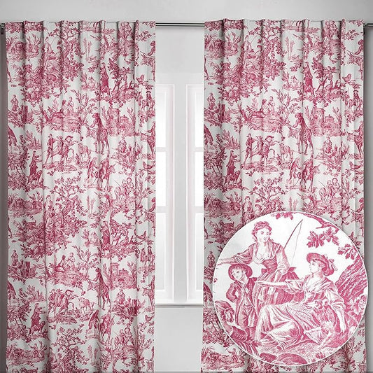 Maison d' Hermine Curtains for living room 100% Cotton 108 inch length Two Panels Light Filtering Toile Curtains for Bedroom with rod and loop Pockets (The Miller Red (White Background), 50"W x 108"L)