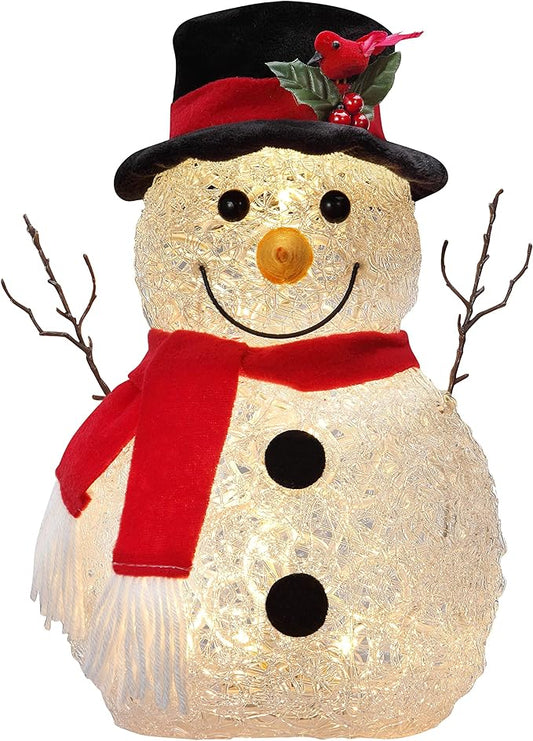 Haute Decor 13 Inch Tall Spun Acrylic Snowman with LED Lights, Battery Operated with Built-in Timer - Christmas Holiday Decoration for Mantel, Tabletop, Counter, Entryway, Art Nook