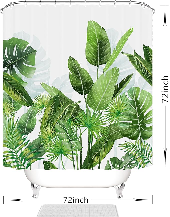 Domoku Tropical Green Leaves Shower Curtain Nature Plant Floral Bathroom Curtain Polyester Fabric with 12Hooks (72 * 72inch/180cm*180cm)