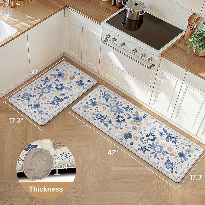 GENIMO Kitchen Mats for Floor 2PCS, Cushioned Kitchen Rugs Non Slip Washable, Farmhouse Anti Fatigue Mat Waterproof, Comfort Standing Mat Rug for Office, Home, Laundry, 17.3"x47"+17.3"x30", Beige&Blue