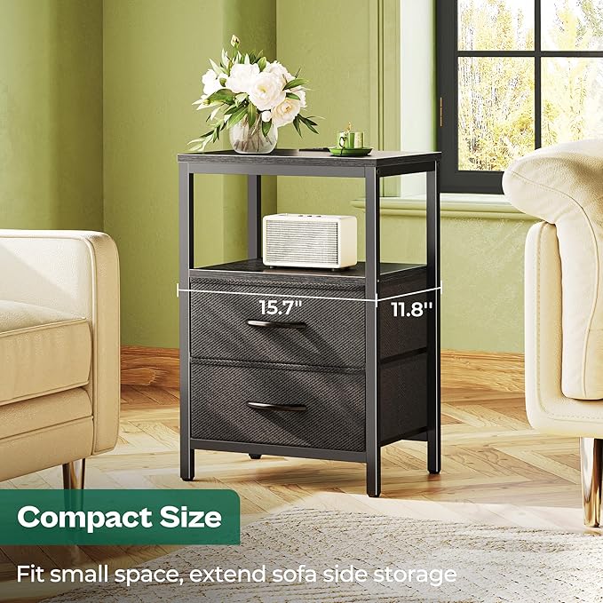 Huuger Nightstand with Charging Station, Side Table with 2 Fabric Drawers, End Table with Open Shelf, Bedside Table with USB-C Port and Outlets, Night Stand for Bedroom, Black