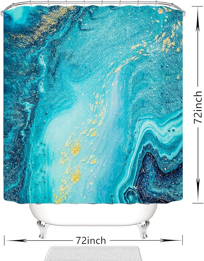 Domoku Blue Gold Marble Shower Curtain, Golden Cracked Lines Abstract Modern for Bathroom Decor, Waterproof Texture Washable Fabric, 72 X 72