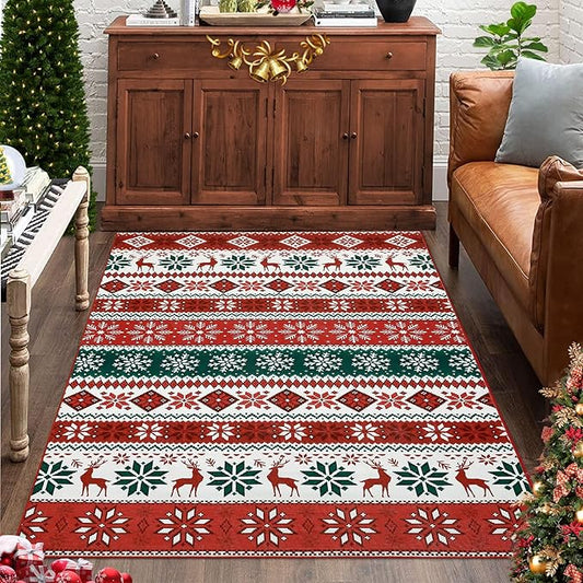 Christmas Area Rug Washable 4x6 Bedroom Throw Rug Indoor Non-Slip Low Pile Xmas Decorative Area Rug Boho Accent Rug Farmhouse Floor Covers Geometric Festival Xmas Carpet for Living Room, Red