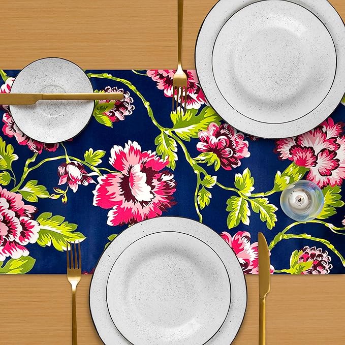 Decozen Table Runner - Japanese Print Floral Design Perfect for Kitchen Dining Room Home Decor Console Table Farmhouse - Navy Blue