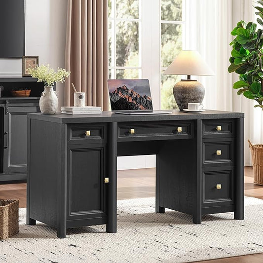 Farmhouse Black Office Desk with Drawers, 58” Executive Desk for Work Study, Home Writing Desk with Gold Knobs, 5 Different Sizes Drawers and Storage, Workstation for Study Room Living Room
