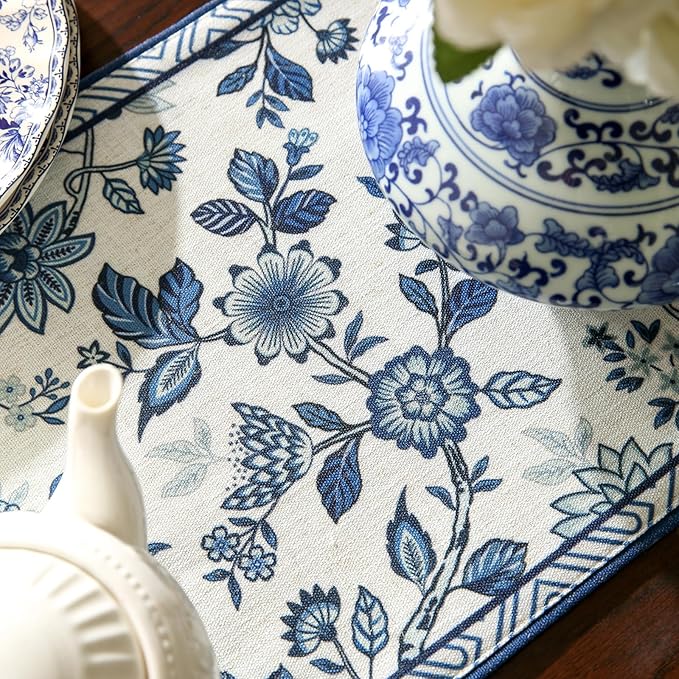 Decorative Small Linen Table Runner 63 Inches Long,Chinoiserie Blue Floral Cloth Runner for Coffee Table Decor Tabletop Table Runners for Kitchen,Dining,Party,Home,Christmas,12"*63"