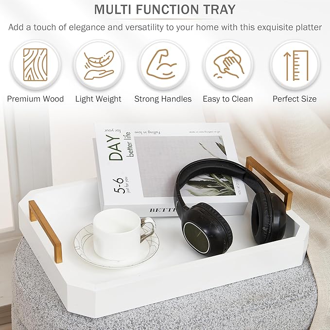 Decorative Acacia Wood Ottoman Tray - Coffee Table Tray - Breakfast, Party, Drinks, Snack, Liquor Serving Platter - Farmhouse to Modern - Brass Handles (Moonlight White)