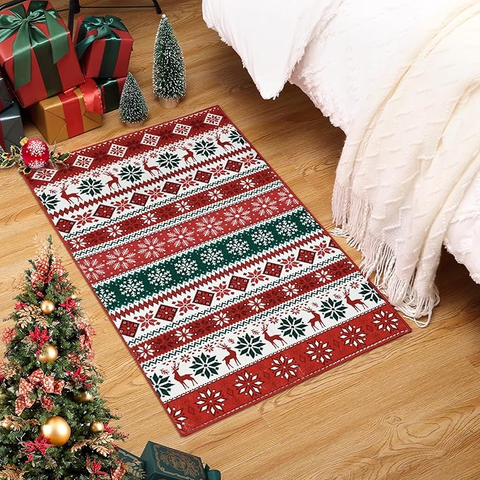 Small Entryway Area Rug 2x3 Christmas Rug Indoor Non-Slip Front Door Mat Washable Boho Rug Xmas Decorative Throw Floor Covers Farmhouse Geometric Festival Carpet for Living Room Bedroom, Red