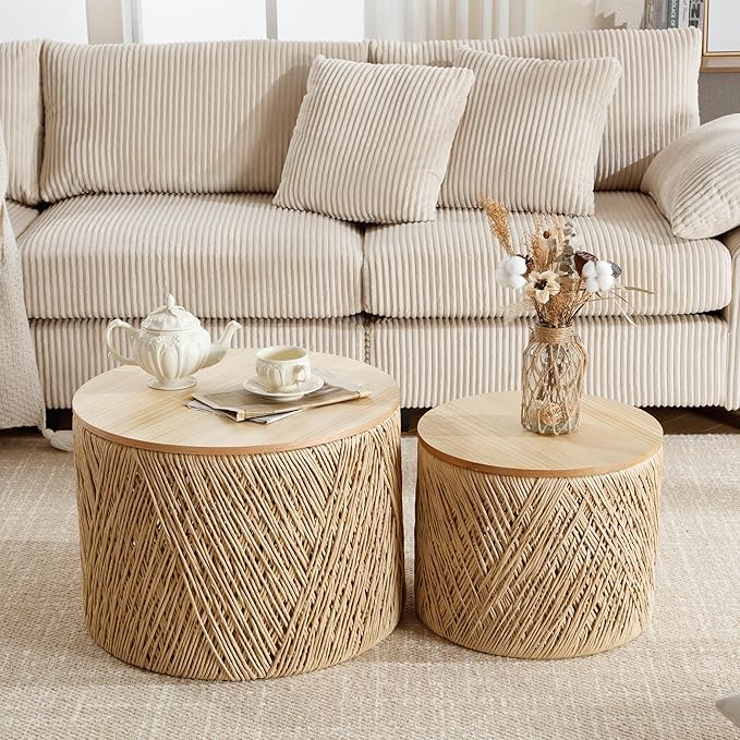 Farmhouse Round Coffee Table with Storage Boho Living Room Table with Lifting Top Hand-Woven Rattan Nesting Coffee Tables for Living Room, Natural