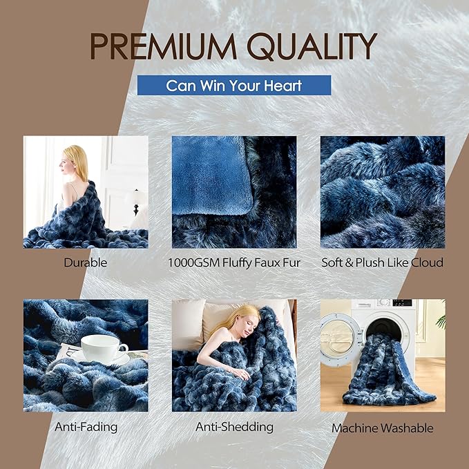 Luxury 1000GSM Faux Rabbit Fur Throw Blanket, Super Heavy Warm Cozy Blankets for Couch Bed Sofa, Bubble Plush Fuzzy Elegant Soft Reversible Mink Blanket for Living Room Bedroom, Tie-dye Blue