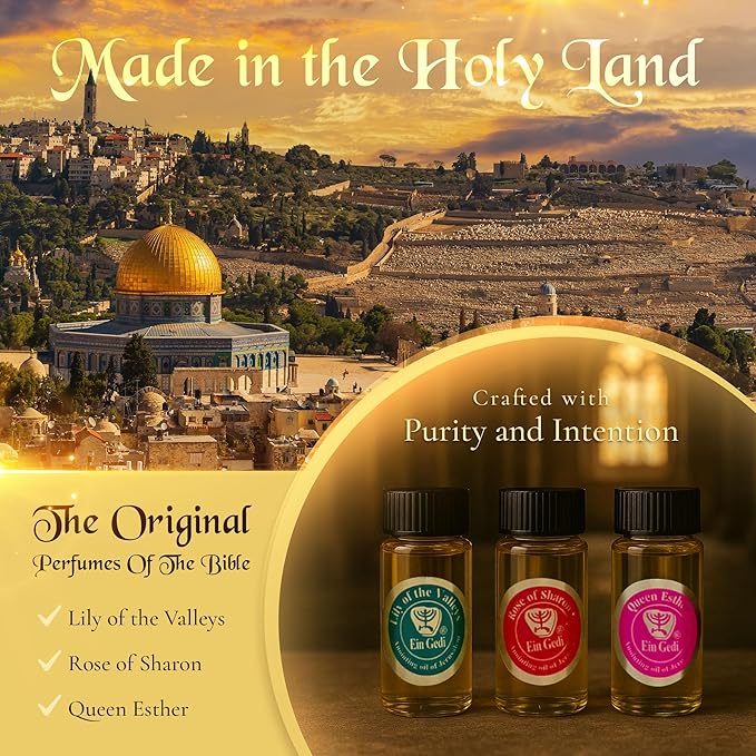 Anointing Oil for Prayer 3 Bottles Set 10ml/0.34oz Each Bottle - The Original Perfumes of The Bible Lily of The Valleys, Rose of Sharon and Queen Esther - Made in The Holy Land - by Ein Gedi