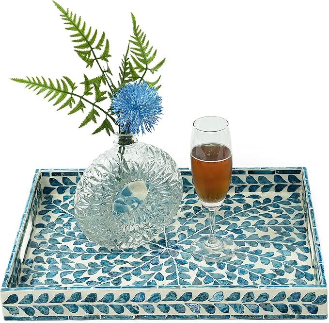 CLAYNIX Serving Tray 15.7" X11.8", Lacquer Mother of Pearl Inlay Mosaic Tray, Rectangle Wooden Marble Tray with Handles Trays for Tea, Breakfast in Bed, Table (Blue)
