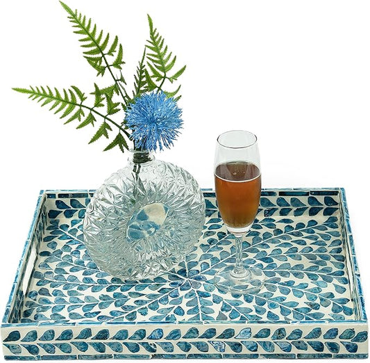 CLAYNIX Serving Tray 15.7" X11.8", Lacquer Mother of Pearl Inlay Mosaic Tray, Rectangle Wooden Marble Tray with Handles Trays for Tea, Breakfast in Bed, Table (Blue)