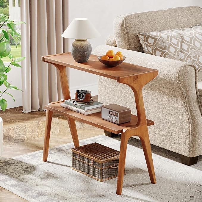 Tribesigns Narrow Side Table, 2-Tier Solid Wood End Table with Storage, Modern Tall Couch Side Table for Living Room, Slim Bedside Table for Bedroom, Small Spaces, Walnut