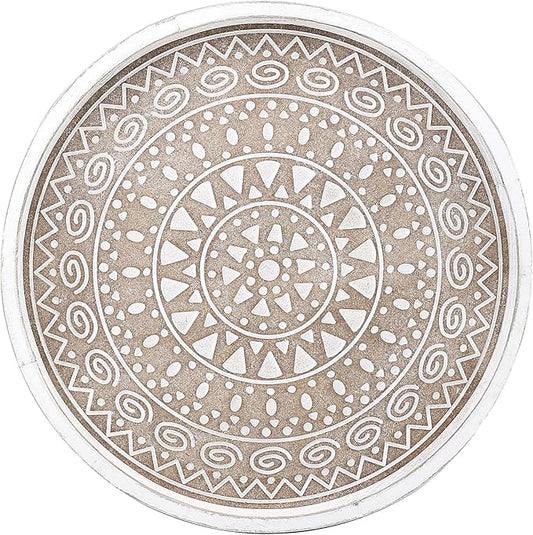 Boho Round Wooden Decorative Tray, White Farmhouse Candles Tray for Home Decor, A Pattern