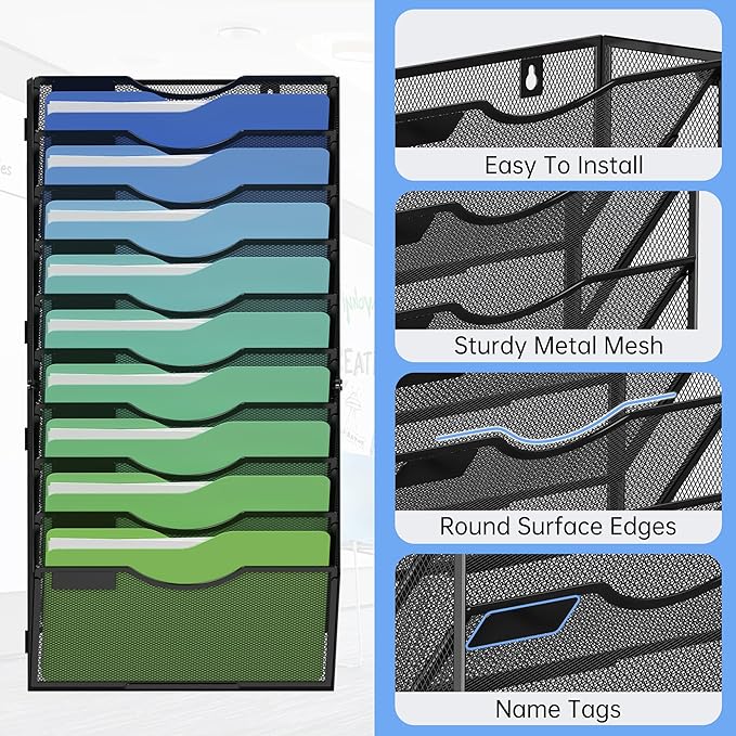 Kuntine.B Wall File Organizer Office Hanging Magazine Holder Wall File Organizer for Office Home (Black, 10 Tier)