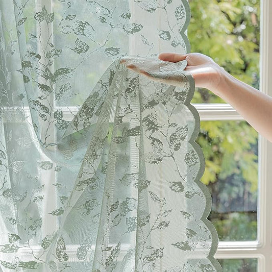 Sage Green Lace Sheer Curtains 63 Inch Length – Vintage Leaf Pattern for Living Room/Bedroom, Light Filtering Rod Pocket Drapes, Privacy Chic Window Treatments, 52W x 63L Inch, 2 Panels