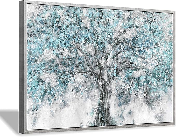 Abstract Tree Canvas Wall Art: Hand Painted Blue Tree Picture Painting Print Framed Art for Bedroom (45”X30”)