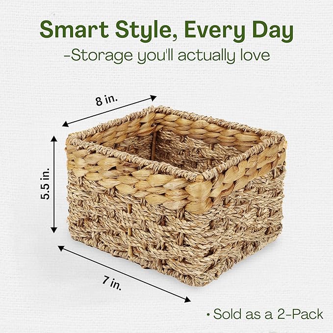 Small Wicker Baskets for Storage 2-Pack, Natural, Woven Baskets for Organizing Living Room, Pantry Baskets, Shelves - Small Size - 8x7x5.5 inches