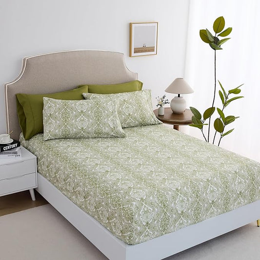 Spirit Linen home Twin Size Bed Sheets Set Deep Pockets - 6PC Paisley Ultra Soft Microfiber Bed Sheets - Easy to Clean, 90 Thread Count Sheets with Fitted Sheet, Flat Sheet & Pillowcases (Fern Green)