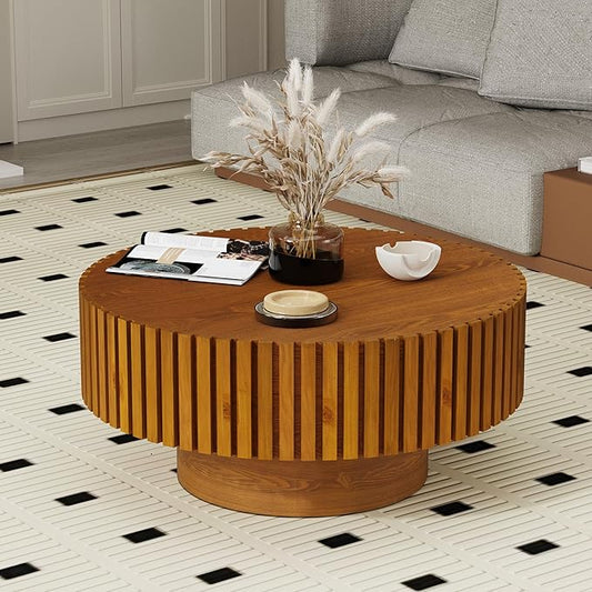 Modern Wood Round Coffee Table - Handcraft Drum Coffee Tables with Sturdy Base, Easy Assembly, Contemporary Style Small Coffee Table Tea Table for Living Room, Bedroom, Office (Natural Round)